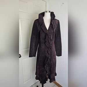 ARIA Brown Suede Ruffle Womens Long Trench Coat Boho Stevie Nicks Size M
